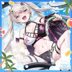  ball beachball bikini black_bikini black_collar blonde_hair blue_eyes blue_sky blush bow breasts collar earrings english_commentary female hair_ornament hairbow hairclip highres holding holding_hose holding_sponge hose jewelry large_breasts lightning_bolt_earrings lightning_bolt_symbol long_hair looking_at_viewer multicolored_hair off_shoulder official_art open_mouth palm_tree phase_connect pink_bow pink_streaks rinkou_ashelia second-party_source shirt sitting sky smile soap_bubbles solo sponge star_(symbol) star_hair_ornament streaked_hair swim_ring swimsuit teddypocky thigh_strap tree twintails two-tone_hair two-tone_swimsuit very_long_hair virtual_youtuber washing_vehicle wet white_bikini 