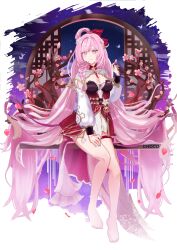  absurdly_long_hair absurdres bare_legs barefoot breasts cherry_blossoms chinese_clothes chocola_s cleavage cleavage_cutout closed_mouth clothing_cutout commentary dress elf elysia_(herrscher_of_human:_ego)_(honkai_impact) elysia_(honkai_impact) elysia_(peachy_spring)_(honkai_impact) english_commentary female full_body highres honkai_(series) honkai_impact_3rd legs long_hair long_sleeves looking_at_viewer nail_polish night petals pink_eyes pink_hair pink_nails pointy_ears qipao simple_background sky smile solo star_(sky) starry_sky toenail_polish toenails toes very_long_hair white_background 