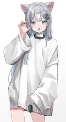  animal_ears black_collar black_nails blue_eyes blush cat_ears cat_girl charm_(object) claw_pose collar commentary cowboy_shot double-parted_bangs female grey_hair grey_sweater hair_ornament hairclip hand_up highres holding holding_charm indie_virtual_youtuber long_hair long_sleeves looking_at_viewer mouse_charm nachoneko nakony oerba_yun_fang open_mouth oversized_sweater simple_background sleeves_past_wrists solo sweater turtleneck turtleneck_sweater variant_set very_long_hair virtual_youtuber white_background wide_sleeves 