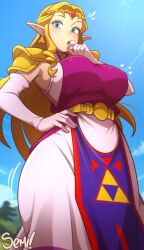 alternate_breast_size_(larger) armor artist_name bad_anatomy bad_face blonde_hair blue_eyes blue_sky breasts commentary dress english_commentary english_text female from_below jewelry large_breasts long_hair looking_at_viewer looking_down open_mouth pointy_ears princess_zelda semi_draws shoulder_armor sky the_legend_of_zelda the_legend_of_zelda:_ocarina_of_time 