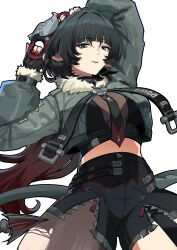 absurdres animal_ear_piercing animal_ears asa1414 black_gloves black_hair breasts combat_knife commentary female fingerless_gloves fur-trimmed_jacket fur_trim garter_straps gloves grey_eyes grey_jacket high-waist_shorts highres holding holding_weapon jacket jane_doe_(zenless_zone_zero) knife large_breasts mouse_ears mouse_girl mouse_tail multicolored_hair necktie pantyhose red_hair red_nails sharp_tail shorts single_garter_strap single_leg_pantyhose single_thighhigh tail thighhighs torn_clothes torn_pantyhose torn_thighhighs two-tone_necktie weapon white_background zenless_zone_zero 