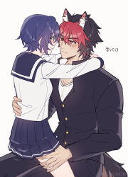  1boy absurdres animal_ears arms_around_neck belle_(zenless_zone_zero) black_hair blue_eyes blush ccxvi_201116 commentary_request cowboy_shot dog_boy dog_ears dog_tail eye_contact female gakuran highres komano_manato looking_at_another purple_hair red_eyes red_hair school_uniform serafuku short_hair simple_background sitting sitting_on_lap sitting_on_person skirt straight tail translation_request white_background zenless_zone_zero 