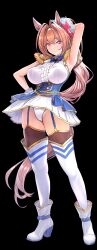  absurdres adapted_costume alternate_hairstyle animal_ears arm_up armpit_crease asdkd123 boots bow bowtie breasts brown_hair cameltoe center_frills commentary_request commission covered_nipples daiwa_scarlet_(peak_blue)_(umamusume) daiwa_scarlet_(umamusume) epaulettes female frills full_body garter_straps hair_between_eyes hair_intakes high_heel_boots high_heels high_ponytail highres horse_ears horse_girl horse_tail large_breasts large_variant_set light_blush long_hair looking_at_viewer oerba_yun_fang panties pantyshot pixiv_commission ponytail red_eyes skindentation smile solo tail thighhighs thighs umamusume underwear variant_set very_long_hair white_wrist_cuffs wrist_cuffs 