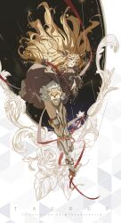  artist_name blonde_hair bloomers commentary_request dress female floating_hair highres jewelry knee_armor long_hair original red_eyes red_ribbon ribbon ring solo thundergotch 