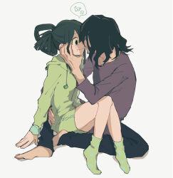  1boy :> aizawa_shota asui_tsuyu barefoot bebe black_eyes black_hair blush boku_no_hero_academia closed_mouth commentary_request female full_body green_hair green_jacket green_shorts green_socks hair_rings hand_on_another's_face hand_rest highres hood hooded_jacket hoodie jacket long_hair long_sleeves looking_at_another medium_hair pants polka_dot polka_dot_socks shirt shorts sidelocks simple_background sitting sitting_on_lap sitting_on_person socks solid_circle_pupils speech_bubble straight teacher_and_student translation_request white_background 