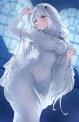  azur_lane blue_eyes breasts church commentary dress female flower ghost_costume hair_flower hair_ornament halloween_costume highres holololong071130 illustrious_(azur_lane) illustrious_(wandering_glow_of_midnight)_(azur_lane) indoors large_breasts long_hair long_sidelocks looking_at_viewer official_alternate_costume sheet_ghost sidelocks solo untranslatable_commentary white_dress white_flower white_hair 