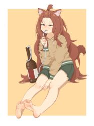  absurdres alcohol animal_ear_fluff animal_ears bangs_pinned_back barefoot bendy_straw blush bottle brown_hair brown_hoodie cat_ears cat_girl cat_tail commentary drinking drinking_straw drunk english_commentary feet female foot_focus forehead foreshortening full_body green_shorts half-closed_eyes highres hood hoodie light_blush long_hair looking_at_viewer nose_blush sakai_aruko sake_bottle shorts simple_background soles solo tail thighs toes topknot treepxiv very_long_hair yani_neko 