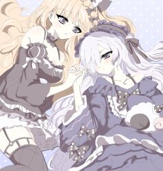  2girls bare_shoulders black_choker black_dress black_ribbon black_thighhighs blonde_hair blue_dress blue_eyes blue_hairband bow braid choker closed_mouth collarbone commentary_request crescent crescent_necklace cross cross_earrings dress dress_bow earrings fishnet_sleeves fishnets frilled_choker frilled_dress frilled_hairband frilled_sleeves frills garter_straps gothic_lolita hair_over_one_eye hair_ribbon hairband hairbow highres holding_hands jewelry lolita_fashion lolita_hairband long_hair long_sleeves mahou_shoujo_no_majo_saiban mole mole_under_eye multiple_girls mumumu_001 natsume_an-an necklace off-shoulder_dress off_shoulder one_eye_covered polka_dot polka_dot_background polka_dot_bow purple_background purple_eyes ribbon saeki_miria sleeve_bow stuffed_animal stuffed_sheep stuffed_toy thighhighs white_hair wide_sleeves yuri 