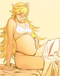  bed_sheet blonde_hair highres jewelry lisik_01 navel panties panty_&amp;_stocking_with_garterbelt panty_(psg) pregnant ring underwear watermark 