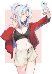  absurdres ataruman bilingual_commentary blue_hair breasts cellphone cleavage closed_mouth commentary_request commission english_commentary female grey_shorts highres holding holding_phone jacket linea_alba medium_breasts medium_hair midriff mixed-language_commentary navel one_eye_closed open_clothes open_jacket original phone pink_background ponytail red_jacket selfie shorts smile solo standing stomach thighs two-tone_background white_background 