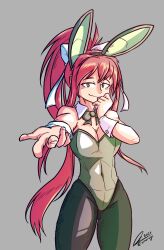  alternate_costume animal_ear_hairband animal_ears bare_shoulders blush bow breasts brown_hair cleavage closed_mouth commentary covered_navel cowboy_shot dated detached_collar doki_doki_literature_club emeruga english_commentary eyelashes fake_animal_ears female fingernails foreshortening green_bow green_eyes green_hairband green_leotard green_pantyhose grey_background hair_ribbon hairband highres leotard long_hair monika_(doki_doki_literature_club) outstretched_arm pantyhose playboy_bunny ponytail rabbit_ear_hairband rabbit_ears ribbon signature simple_background smile solo strapless strapless_leotard very_long_hair white_ribbon wrist_cuffs 