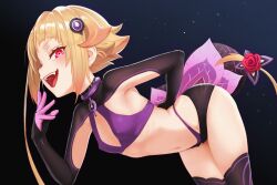 absurdres bent_over black_background blonde_hair breasts capella_emerada_lugunica commentary_request covered_nipples fangs female flesh_storage_bulbs flower hair_flower hair_ornament hand_to_own_mouth highres looking_at_viewer navel nyan_ko_han open_mouth re:zero_kara_hajimeru_isekai_seikatsu shrug_(clothing) simple_background small_breasts solo stomach 