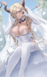  azur_lane blonde_hair breasts brown_horns cleavage commentary dress earrings elbow_gloves gloves hair_over_one_eye heart heart_earrings highres holololong071130 horns huge_breasts jewelry large_horns looking_at_viewer official_alternate_costume owari_(azur_lane) petals sitting thighhighs untranslatable_commentary wedding_dress white_gloves white_petals white_thighhighs 