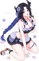  artist_name asymmetrical_horns bikini bikini_skirt black_bikini black_hair black_horns blue_flower blue_hair blue_nails braid braided_ponytail breasts cleavage commentary curtained_hair demon_horns female flower frilled_bikini frills full_body gradient_hair hair_flower hair_ornament highres hololive hololive_english horn_flower horns large_breasts long_hair looking_at_viewer low_ponytail mole mole_under_eye multicolored_hair nail_polish navel nerissa_ravencroft nerissa_ravencroft_(summer) official_alternate_costume official_alternate_hairstyle open_mouth platform_sandals pointing pointing_at_self ponytail red_eyes ruffle_bikini sandals simple_background sitting solo starfish swimsuit tiredbread uneven_horns untranslatable_commentary virtual_youtuber white_background 
