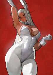  absurdres alternate_costume animal_ears arm_behind_head arm_up armpits ass_visible_through_thighs bare_shoulders boku_no_hero_academia bow bowtie breasts cleavage closed_mouth collar contrapposto covered_abs covered_navel dark-skinned_female dark_skin detached_collar female full_cleavage gloves grey_bow grey_bowtie grey_collar hand_up highleg highleg_leotard highres large_breasts leotard long_eyelashes long_hair looking_at_viewer low_neckline mirko pantyhose pantyhose_under_leotard parted_bangs playboy_bunny rabbit_ears rabbit_girl rabbit_tail red_background red_eyes revision simple_background solo strapless tail the_antin thick_thighs thighs toned toned_female very_long_hair white_gloves white_hair white_leotard white_pantyhose wrist_cuffs 