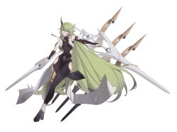  absurdres alternate_costume black_dress black_sleeves breasts chinese_commentary commentary_request dress dual_wielding estpoetry female full_body green_eyes green_hair highres holding holding_polearm holding_weapon honkai_(series) honkai_impact_3rd horns long_hair looking_at_viewer medium_breasts mobius_(honkai_impact) open_mouth pelvic_curtain polearm simple_background single_horn smile solo very_long_hair weapon white_background 