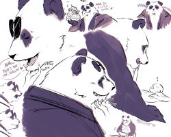  1boy 1other animal_ears apron arknights arknights:_endfield artist_name black_fur closed_mouth da_pan_(arknights) english_commentary english_text fangs grin heart highres kiss_the_cook licking_lips multicolored_fur panda_boy panda_ears scratching_chin smile speech_bubble spicymotte sunglasses tongue tongue_out white_fur 