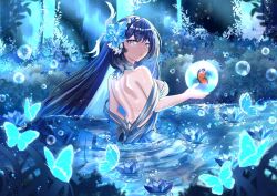  blue_eyes blue_hair breasts bug butterfly chocola_s commentary dress female flower hair_flower hair_ornament highres holding holding_orb honkai_(series) honkai_impact_3rd large_breasts long_hair looking_at_viewer multicolored_hair orb partially_submerged seele_vollerei seele_vollerei_(herrscher_of_rebirth) solo two-tone_hair very_long_hair white_dress 