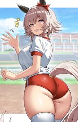  absurdres animal_ears ass black_hairband blue_sky blush bow breasts buruma commentary curren_chan_(umamusume) ear_bow ear_covers english_commentary female from_behind grey_hair gym_shirt hairband highres horse_ears horse_girl horse_tail large_breasts looking_at_viewer motion_lines open_mouth outdoors purple_eyes red_buruma scrapy shirt short_hair short_sleeves sky smile solo tail teeth thick_thighs thighhighs thighs tracen_training_uniform umamusume upper_teeth_only waving white_shirt white_thighhighs 