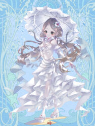  blue_background brown_hair dairoku_ryouhei dress earrings female flower full_body grey_eyes hair_flower hair_ornament highres holding holding_umbrella jewelry long_hair o-ring parasol ribbon sandals snake_hair solo standing starfish umbrella very_long_hair virginia_luxuria white_dress white_ribbon yuuhi7 
