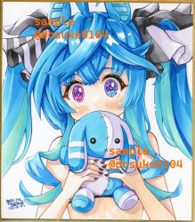  @_@ ahoge animal_ears aqua_hair bikini black_nails blue_eyes blue_hair blush bow commentary_request covering_own_mouth crossed_bangs dated dosukoi_taiko female hairbow heterochromia highres holding holding_stuffed_toy horse_ears horse_girl looking_at_viewer marker_(medium) multicolored_hair nail_polish purple_eyes sample_watermark scan shikishi sidelocks signature striped_bow stuffed_animal stuffed_rabbit stuffed_toy swimsuit traditional_media twin_turbo_(umamusume) twintails twitter_username two-tone_hair umamusume upper_body watermark 