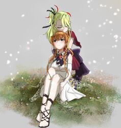  2girls back_bow bare_shoulders bell_sleeves black_ribbon blank_eyes blush bow braid breasts bridal_lingerie brooch brown_hair capelet closed_eyes commentary_request deathpolca demons_roots demons_roots_(series) detached_sleeves dress elbow_gloves falling_petals gem gloves gradient_hair grass grey_background grey_eyes grey_hair hair_ribbon hand_on_own_thigh high_ponytail highres hug jewelry kissing_head kneeling lily_killer lingerie long_hair looking_at_another looking_up medium_breasts multicolored_hair multiple_girls off_shoulder on_ground orange_hair petals ponytail red_capelet red_dress red_gem ribbon sandals see-through_clothes side_ponytail sidelocks sitting smile striped_clothes striped_thighhighs thighhighs twin_braids underboob underwear uof white_petals yellow_thighhighs yuri zettai_ryouiki 