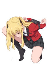  absurdres arms_behind_back black_necktie black_ribbon black_socks blonde_hair blush bound closed_mouth collared_shirt commentary_request female full_body hair_ribbon highres hyakkaou_academy_school_uniform jacket kakegurui kneehighs kneeling long_hair long_sleeves looking_at_viewer meitoku miniskirt necktie one_eye_closed plaid_clothes plaid_skirt pleated_skirt red_jacket restrained ribbon saotome_mary school_uniform shirt simple_background skirt smile socks solo twintails white_background white_shirt yellow_eyes 