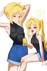  absurdres ahoge armpits bare_shoulders black_shirt blonde_hair bocchi_the_rock! breasts collarbone commentary denim denim_shorts eltir female highres ijichi_nijika long_hair looking_at_viewer multiple_views shirt shorts side_ponytail sitting skin_tight small_breasts solo standing sweat turtleneck turtleneck_shirt untranslatable_commentary 
