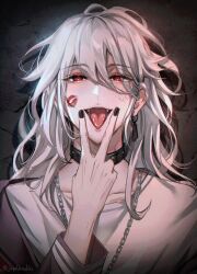  1boy black_collar black_nails brown_background brown_jacket chain_necklace chains collar commentary earrings highres jacket japduksakki jewelry kaida_shion lipstick_mark long_hair long_sleeves male_focus nail_polish necklace paradox_live red_eyes shirt single_earring tongue tongue_out untranslatable_commentary v white_hair white_shirt 