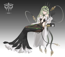  :d absurdres black_dress black_gloves breasts character_name coat commentary crown dress estpoetry female full_body gloves green_eyes green_hair highres honkai_(series) honkai_impact_3rd long_hair looking_at_viewer medium_breasts mobius_(honkai_impact) open_mouth single_glove smile solo white_coat 