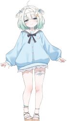  a-pose absurdres blue_eyes blue_jacket blush choker closed_mouth commentary densetsu.exe female frilled_choker frilled_thigh_strap frills full_body gradient_hair green_hair hair_ornament hair_rings hairclip highres jacket knee_blush long_sleeves looking_at_viewer mint_fantome mint_fantome_(summer) multicolored_hair multiple_hairclips multiple_thigh_straps no_pants nyashira official_alternate_costume official_alternate_hairstyle pointy_ears puffy_long_sleeves puffy_sleeves raised_eyebrows sailor_collar sailor_jacket sandals short_hair side_up_ring simple_background sleeves_past_wrists smile solo straight-on thigh_strap triangular_headpiece untranslatable_commentary virtual_youtuber white_background white_choker white_hair white_sailor_collar wispy_bangs x_hair_ornament 
