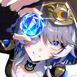  absurdres black_hood blue_eyes blue_gem bow braid breasts cipher_(honkai:_star_rail) cleavage commentary_request female fingerless_gloves fingernails gem gloves grey_hair hairbow hand_up highres hinashio_(dmej5427) holding holding_gem honkai:_star_rail honkai_(series) long_fingernails nail_polish portrait short_hair_with_long_locks side_braid signature simple_background smile solo white_background yellow_nails 