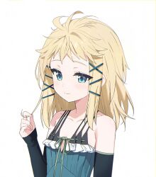  banxuan_c2ka black_bullet blonde_hair blush chest_ribbon closed_mouth collarbone commentary detached_sleeves dress english_commentary female flat_chest green_dress green_eyes green_ribbons hair_ornament hand_up highres lolicon looking_at_viewer medium_hair multi-strapped_dress ribbon simple_background smile solo tina_sprout twirling_hair upper_body white_background x_hair_ornament 