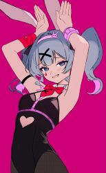  animal_ears arm_ribbon arm_strap armpits arms_up bare_shoulders black_leotard black_pantyhose blue_eyes blue_hair blush bow bowtie breasts center-flap_bangs chest_harness clothing_cutout colored_inner_hair commentary covered_navel cowboy_shot detached_collar double-parted_bangs facial_mark fake_animal_ears female fishnets hair_intakes hair_ornament hairband hairbow harness hatsune_miku heart highleg highleg_leotard highres leotard long_hair looking_at_viewer multicolored_hair open_mouth pantyhose pink_background pink_hair pink_pupils playboy_bunny qez3ld rabbit_ears rabbit_hole_(vocaloid) rabbit_pose red_bow red_bowtie red_ribbon ribbon simple_background small_breasts smile solo symbol-shaped_pupils teardrop_facial_mark twintails vocaloid x_hair_ornament 