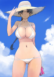  adjusting_clothes adjusting_headwear ass_visible_through_thighs bikini blue_sky braid braided_ponytail breasts brown_hair can cleavage cloud commentary_request cowboy_shot day drink_can expressionless female full_cleavage glasses halterneck hat highres holding holding_can hoshina_tomoko large_breasts looking_at_viewer outdoors parted_bangs skindentation sky solo straw_hat string_bikini sun_hat swimsuit tanlines thighs to_heart to_heart_(series) triangle_bikini_top tsuina white_bikini 