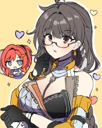  black_gloves blue_eyes blunt_bangs braid breasts brown_eyes brown_hair collar detached_sleeves doodle_inset earrings female female_dreamseeker_(honkai_impact) gloves heart honkai_(series) honkai_impact_3rd jewelry jin2 large_breasts leylah_(honkai_impact) long_hair open_clothes orange_hair parted_lips semi-rimless_eyewear senadina senadina_(deepspace_anchor:_first_light) side_braid single_braid single_detached_sleeve single_earring sparkle very_long_hair yellow_background zipper 