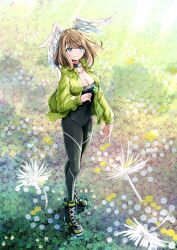  absurdres black_bodysuit black_boots blue_eyes bodysuit boots breasts brown_hair cleavage closed_mouth clover commentary_request daffodil eunie_(xenoblade) female field flower flower_field four-leaf_clover full_body green_jacket head_wings highres holding holding_flower jacket large_breasts long_hair looking_up open_clothes open_jacket smile sofusan1526 solo standing wings xenoblade_chronicles_(series) xenoblade_chronicles_3 