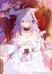  :3 animal_ear_fluff animal_ears breasts cat_ears cat_tail commentary dress female flower highres holding holding_sword holding_weapon hololive jacket long_hair looking_at_viewer medium_breasts necktie nekomata_okayu purple_eyes purple_hair purple_necktie rose shirt sitting sword tail takaya_naru untranslatable_commentary weapon white_dress white_jacket white_shirt 