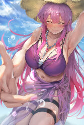  absurdres arm_up armpits bare_arms bare_shoulders beach bead_necklace beads bikini blue_sky blunt_bangs blush breasts brown_hat cleavage closed_mouth cloud commentary_request commission day double-parted_bangs duel_monster exosister_martha female gem glint gradient_hair hair_between_eyes hat highres jewelry large_breasts lens_flare long_hair multi-strapped_bikini_top multicolored_hair nail_polish navel necklace orange_eyes outdoors outstretched_arm pink_hair pink_lips pink_nails purple_bikini purple_sarong reaching reaching_towards_viewer red_gem sarong sayaka_ikku see-through_clothes see-through_sarong sidelocks skeb_commission sky smile standing stomach straw_hat sun_hat sunlight swimsuit thigh_strap thighs very_long_hair water_drop wet yu-gi-oh! 