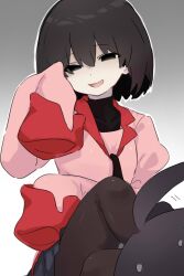  1boy ahoge araragi_koyomi arm_under_breasts black_eyes black_hair black_necktie black_pantyhose black_shirt black_skirt bob_cut breasts chinese_commentary commentary covered_collarbone crossed_legs empty_eyes female foot_on_another's_head gradient_background grey_background hair_between_eyes hand_up highres juliet_sleeves knee_up long_sleeves looking_at_viewer monogatari_(series) naoetsu_high_school_uniform narrowed_eyes necktie open_mouth oshino_ougi outline pale_skin pantyhose pink_shirt pleated_skirt puffy_long_sleeves puffy_sleeves red_trim school_uniform shirt short_hair sitting skirt sleeves_past_fingers sleeves_past_wrists small_breasts smile solo_focus sweatdrop trampling tsugumi_(tgm_615486) turtleneck undershirt white_outline 