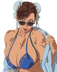  abs adjusting_clothes bare_shoulders biceps bikini blue_bikini breasts broad_shoulders brown_eyes brown_hair bun_cover chun-li cleavage coat collarbone commentary double_bun earrings eyeshadow female glasses hair_bun highres jewelry large_breasts lips looking_at_viewer looking_over_eyewear makeup midriff official_alternate_costume open_clothes open_coat open_mouth red_eyeshadow removing_coat short_hair solo stomach street_fighter street_fighter_6 sunglasses swimsuit taiyang_yu teeth toned toned_female tongue tongue_out upper_body 