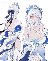  absurdres anastasya_feodorovna_snezhnaya aristocratic_clothes arm_under_breasts armpit_crease bare_shoulders blue_gem blue_sleeves blue_tiara blush breasts brooch cleavage colored_eyelashes commentary cowboy_shot crystal_earrings detached_collar detached_sleeves dress earrings elbow_gloves english_commentary female from_behind fur-trimmed_sleeves fur_trim gem genshin_impact gloves hand_on_own_chest highres jewelry large_breasts long_single_sidelock looking_at_viewer low_neckline maria_(marymeow) multiple_views paid_reward_available parted_lips patreon_username pointy_ears short_hair short_hair_with_long_locks showgirl_skirt simple_background skindentation sweat tsurime white_background white_dress white_eyelashes white_eyes white_gloves white_hair yellow_gem 