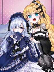  2girls arm_tattoo bare_shoulders black_choker black_dress black_ribbon black_thighhighs blonde_hair blue_dress blue_eyes blue_hairband bow braid breasts choker commentary_request couch cross cross_earrings dated dress dress_bow earrings fishnet_sleeves fishnets frilled_choker frilled_dress frilled_hairband frilled_sleeves frills gothic_lolita hair_over_one_eye hair_ribbon hairband hairbow highres holding_hands interlocked_fingers jewelry large_breasts layered_dress lolita_fashion lolita_hairband long_hair long_sleeves mahou_shoujo_no_majo_saiban mole mole_under_eye multiple_girls natsume_an-an off-shoulder_dress off_shoulder open_mouth polka_dot polka_dot_bow purple_eyes ribbon ryomuko saeki_miria sitting sleeve_bow sleeves_past_fingers sleeves_past_wrists tattoo teeth thighhighs white_hair wide_sleeves yuri 