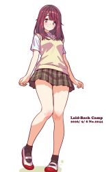  ankle_socks bare_legs black_socks blue_eyes breasts brown_hair brown_sweater_vest closed_mouth collared_shirt commentary_request copyright_name dated dress_shirt female fingernails full_body green_eyes grey_skirt heel_up highres jagi_(jagi_souken) legs light_blush long_fingernails long_hair looking_at_viewer loose_hair_strand multicolored_eyes nail_polish plaid_clothes plaid_skirt pleated_skirt school_uniform shirt shoes short_sleeves side_part simple_background skirt small_breasts smile socks solo standing sweater_vest toki_ayano two-tone_eyes uwabaki white_background white_shirt yellow_nails yurucamp 