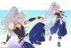  absurdres animal_ears bare_shoulders black_bridal_gauntlets black_shirt blue_eyes blue_pants blush breasts bridal_gauntlets calamity_brezze ear_covers female grey_hair highres horse_ears horse_girl horse_tail jewelry long_hair official_alternate_costume open_mouth pants ponytail shirt sleeveless sleeveless_shirt small_breasts smile tail tamamo_cross_(raging_thunder)_(umamusume) tamamo_cross_(umamusume) umamusume very_long_hair 