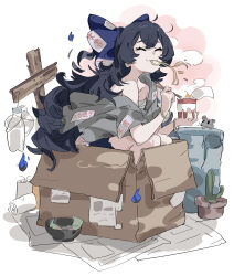  absurdres bare_shoulders blue_bow blue_hair blue_skirt bottle bow box bracelet cactus chest_sarashi closed_mouth commentary cup eating female food_in_mouth from_side fuzi3535 grey_hoodie happy highres holding holding_cup hood hoodie in_box in_container instant_cup_noodles instant_noodles jewelry long_hair mouse_(animal) sarashi sitting skirt smile solo touhou untranslatable_commentary very_long_hair yorigami_shion 
