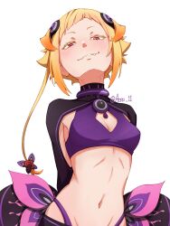  arsti_11 blonde_hair breasts capella_emerada_lugunica cleavage commentary english_commentary evil_smile fangs female flesh_storage_bulbs highres looking_at_viewer navel re:zero_kara_hajimeru_isekai_seikatsu red_eyes simple_background small_breasts smile solo stomach twitter_username white_background 