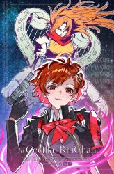  artist_name black_gloves blonde_hair bow bowtie brown_eyes brown_hair ceciliarinchan commentary demon_(megami_tensei) english_commentary evoker facebook_logo female gekkoukan_high_school_uniform gloves headphones headphones_around_neck instagram_logo long_hair looking_at_viewer orpheus_(female)_(persona) persona persona_(summon) persona_3 persona_3_portable red_bow red_bowtie sample_watermark school_uniform shiomi_kotone twitter_username twitter_x_logo watermark 