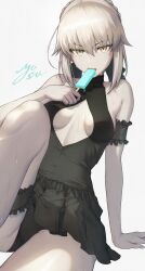  absurdres artoria_pendragon_(fate) bare_shoulders black_one-piece_swimsuit breasts cleavage cleavage_cutout clothing_cutout commentary_request dress_swimsuit eating fate/grand_order fate_(series) female food grey_hair hair_bun hair_ribbon highres looking_at_viewer medium_breasts medium_hair one-piece_swimsuit popsicle ribbon saber_alter saber_alter_(swimsuit_rider)_(first_ascension) sidelocks solo swimsuit yasu_(segawahiroyasu) yellow_eyes 
