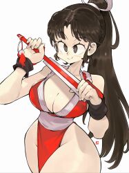  absurdres andrewcockroach blush_stickers breasts brown_eyes brown_hair cleavage commentary fatal_fury female folding_fan hand_fan high_ponytail highres holding holding_fan japanese_clothes kimono large_breasts long_hair motoyui ponytail red_kimono shiranui_mai simple_background sleeveless sleeveless_kimono smile white_background 